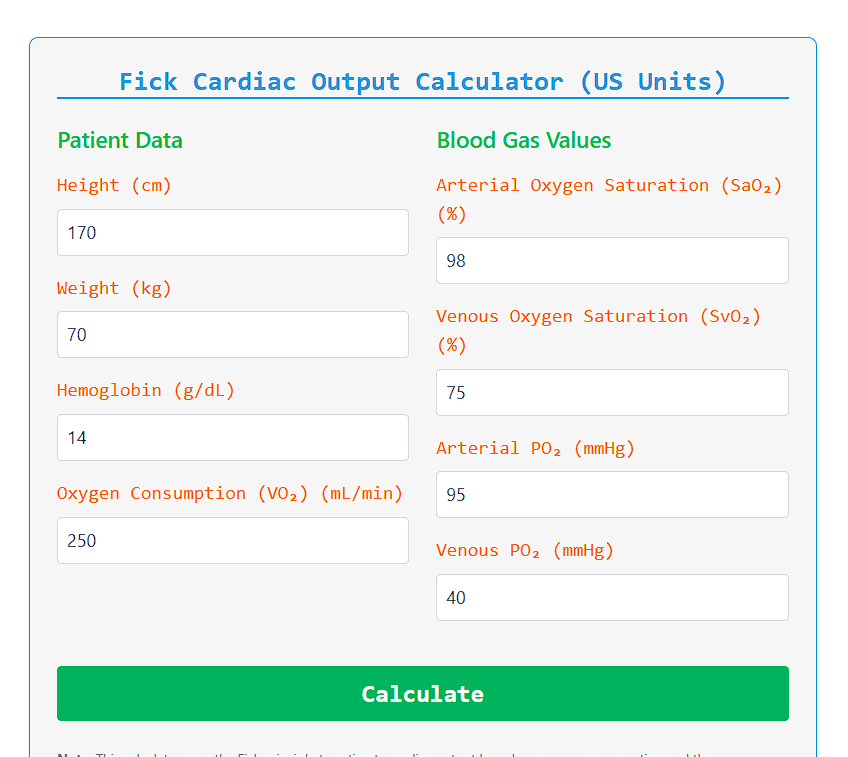 fick calculator cardiac output